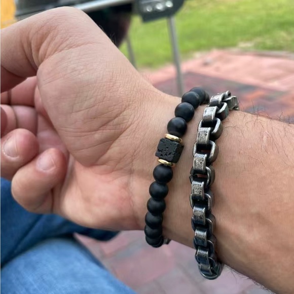 Matte Black Onyx Cubic Lava Stone Beaded Bracelet Stretch Bracelet Men’s NWT - Picture 4 of 10